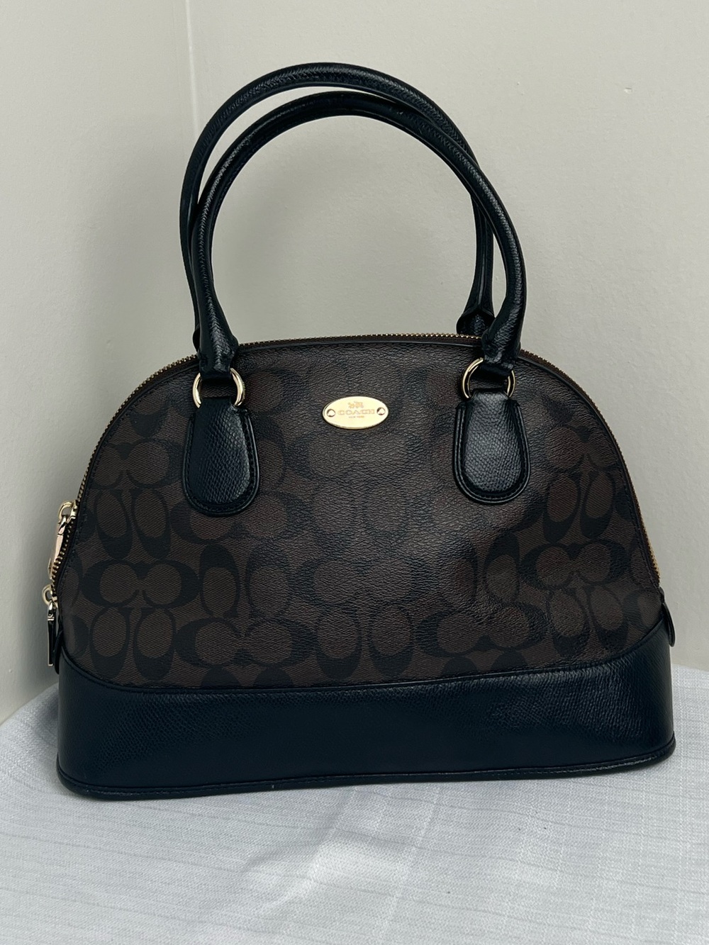 Coach Brown Signature Cora Dome Satchel with Black Trim and Gold Hardware